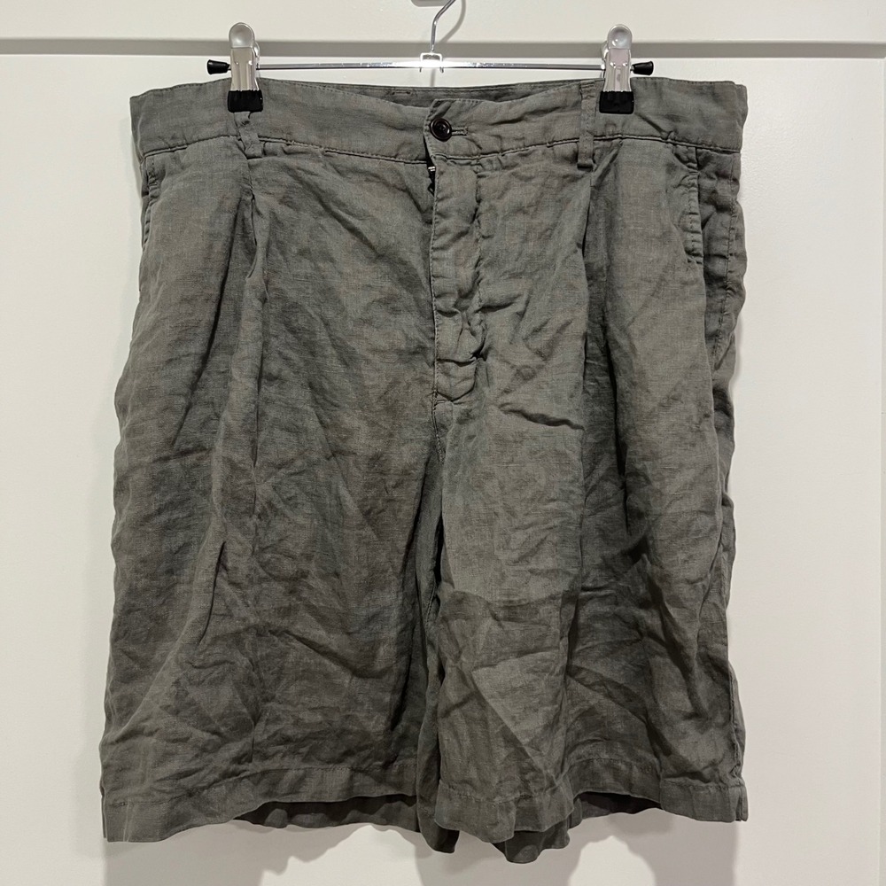 Zara Man 100% Linen Pleated Shorts Olive Green Khaki Mens Size 31